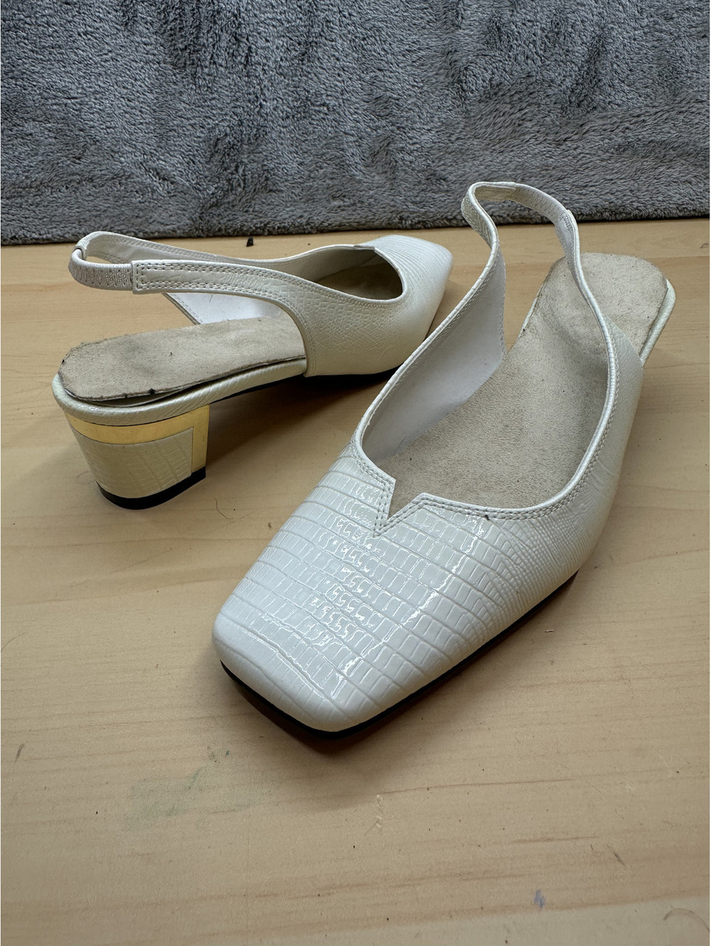 White Croc Embossed Slingback Heels with Gold Block Heel
